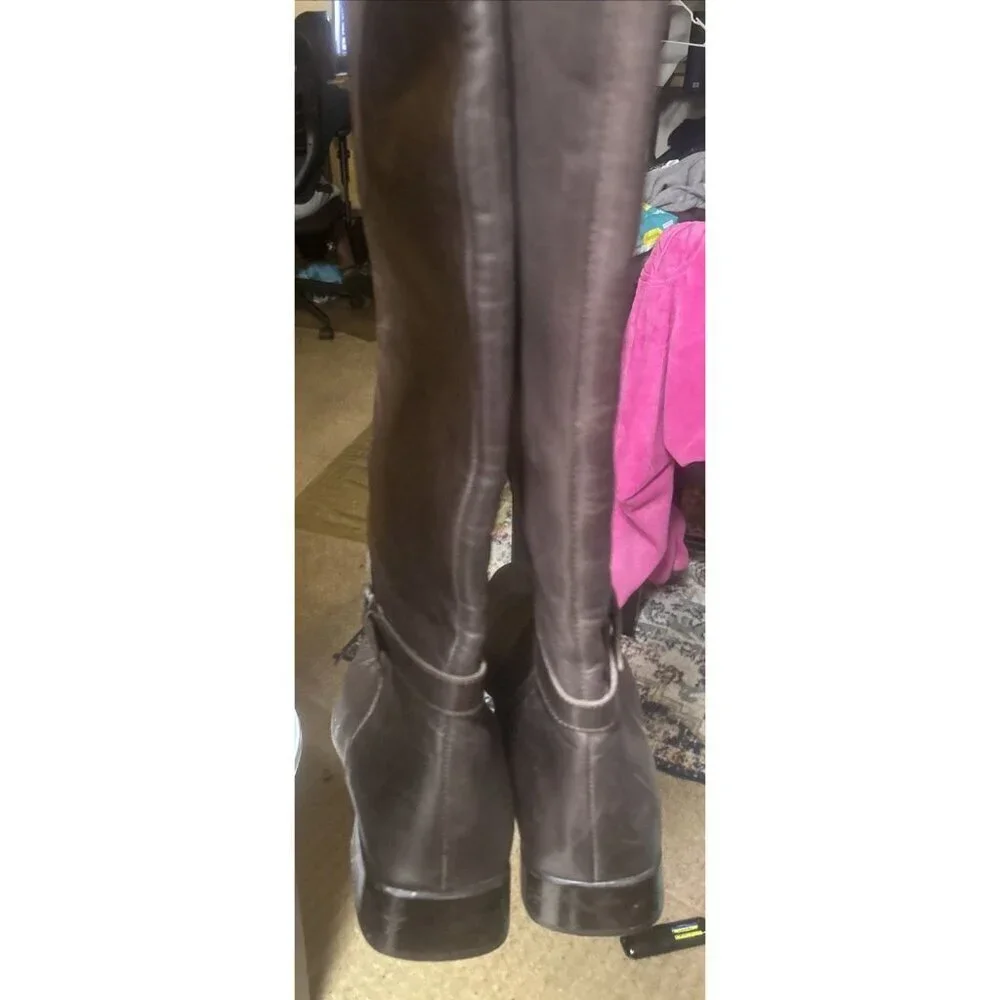 Etienne Aigner Brown Leather Knee-High Boots Square Toe Women's 10m